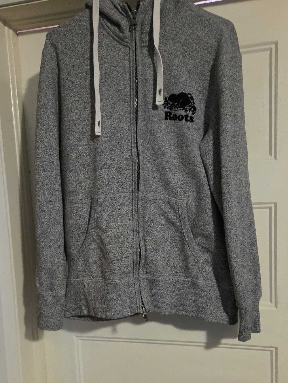 Roots Heather Gray Full-Zip Hoodie with White Drawstrings
